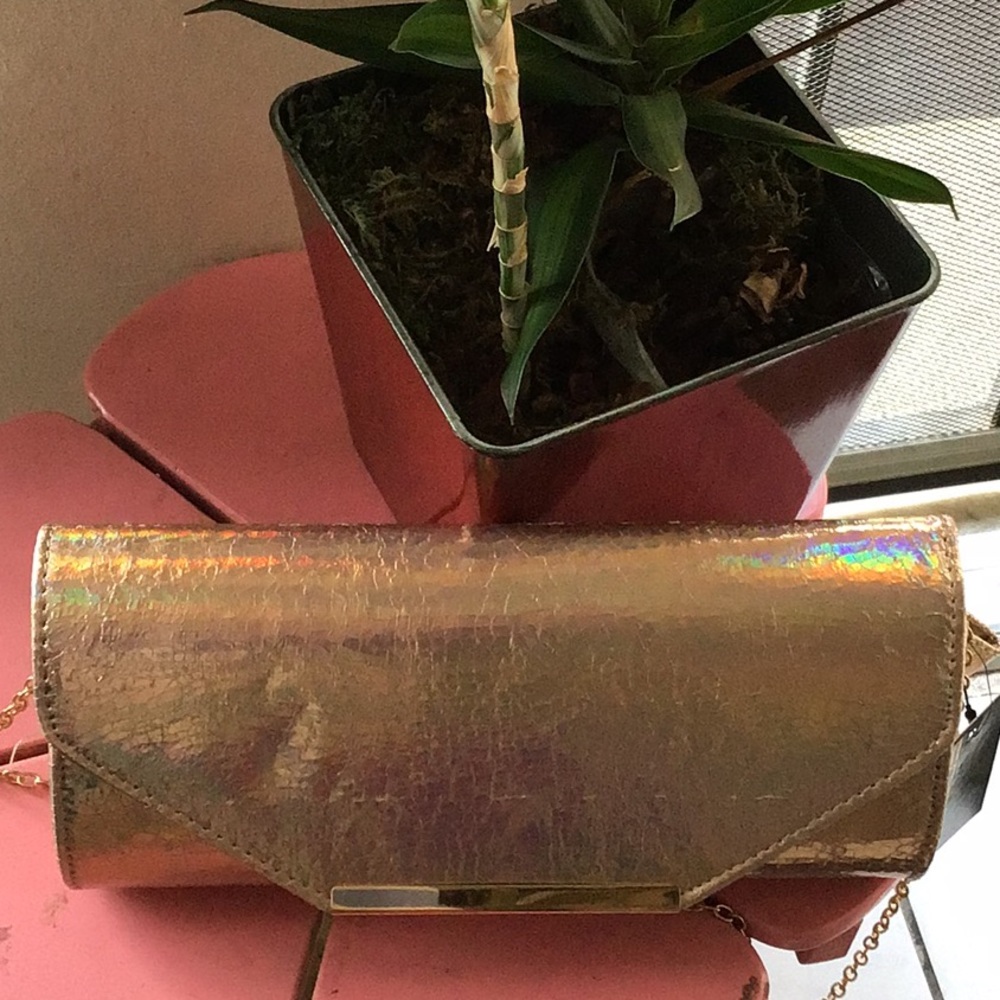 Rose gold purse with chain handle.